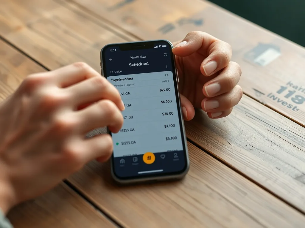 Smartphone affichant une application de crypto avec graphiques et boutons d'achat/vente