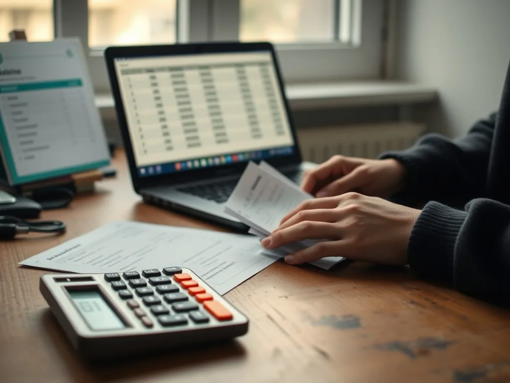 Calculateur, bulletins de salaire et brochures de masters finance posés sur un bureau devant un écran affichant un classement