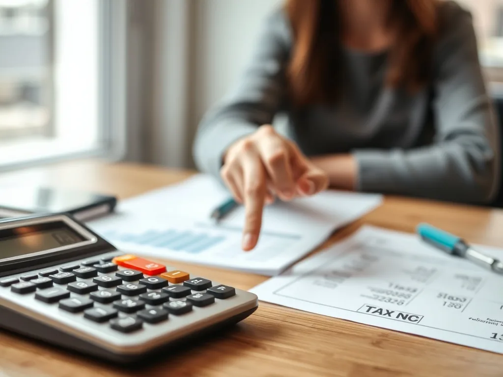 Couple consultant un avis d’impôt sur un écran d’ordinateur, avec une calculatrice et des documents fiscaux.