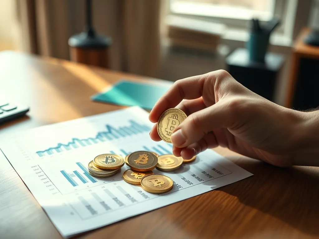 Écran affichant plusieurs graphiques de prix de cryptomonnaies avec un carnet de notes ouvert à côté, stylo posé en travers