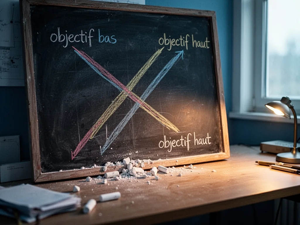 A chalkboard with two thick diverging colored lines labeled 'objectif bas' and 'objectif haut', chalk crumbs at base, so