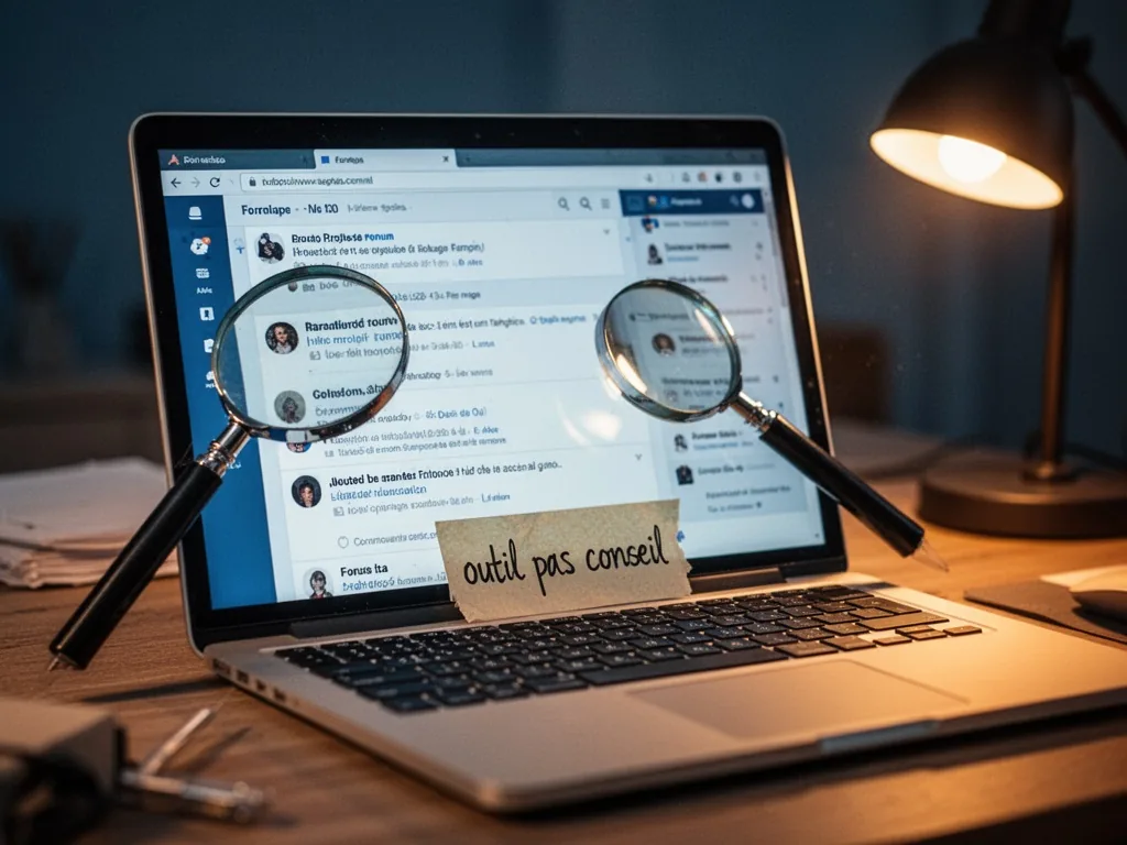 A laptop screen showing a forum discussion thread, a magnifying glass leaning against the display, a handwritten note 'o