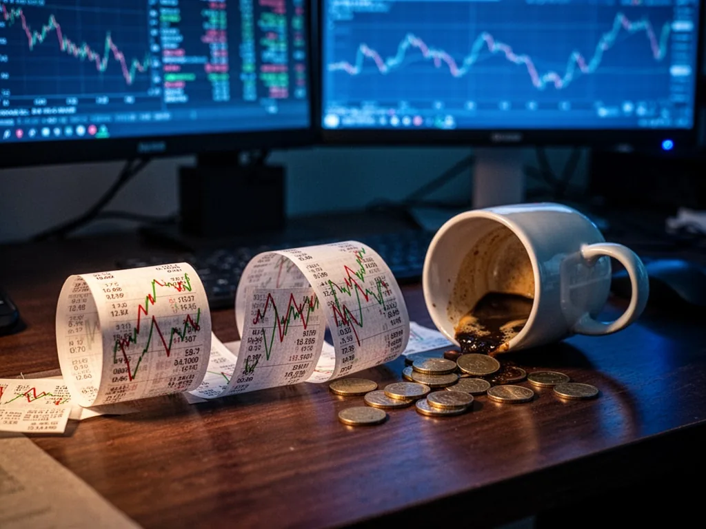 A paper stock ticker tape with erratic zigzag red and green lines, a spilled coffee mug and scattered coins on a dark wo