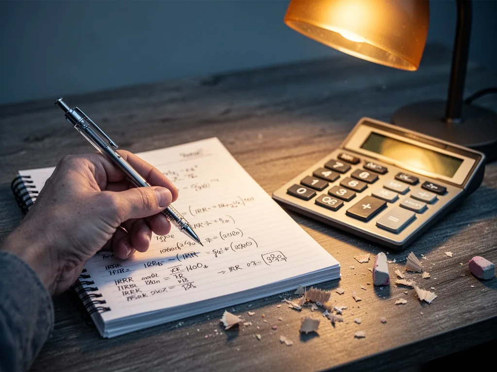 A hand holding a mechanical pencil over a spiral notebook filled with handwritten IRR formulas and a vintage calculator,