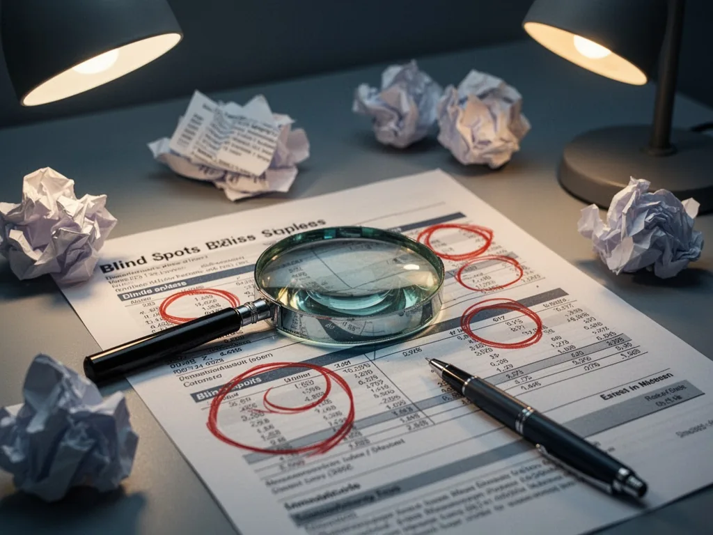 A magnifying glass resting on a financial report with three red-circled blind spots, a pen tip near the center, soft dif