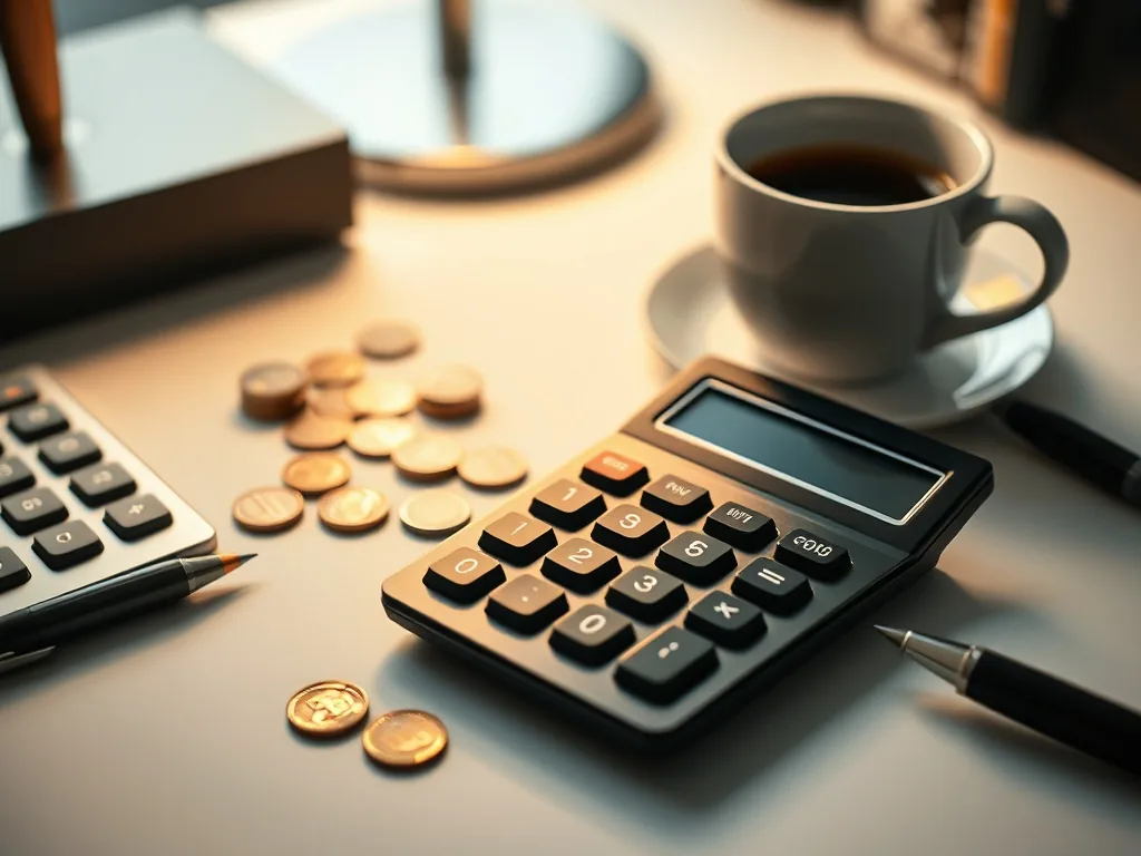 Pièces de crypto-monnaie posées sur un graphique financier avec une calculette