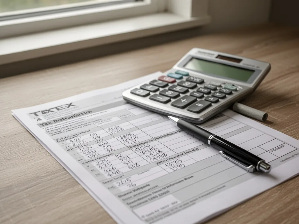 A tax declaration form with handwritten numbers, a silver calculator and a black pen on a wooden desk, soft daylight fro