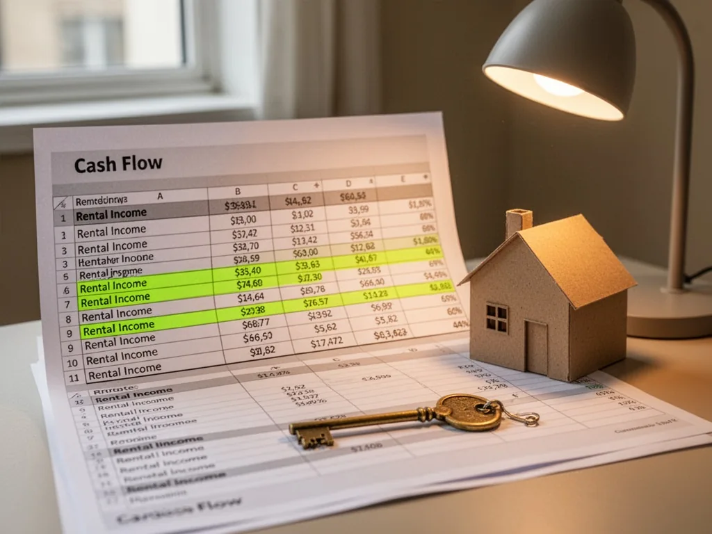 A cash flow spreadsheet with rental income rows highlighted, a small brass key and a paper house model beside it, warm d