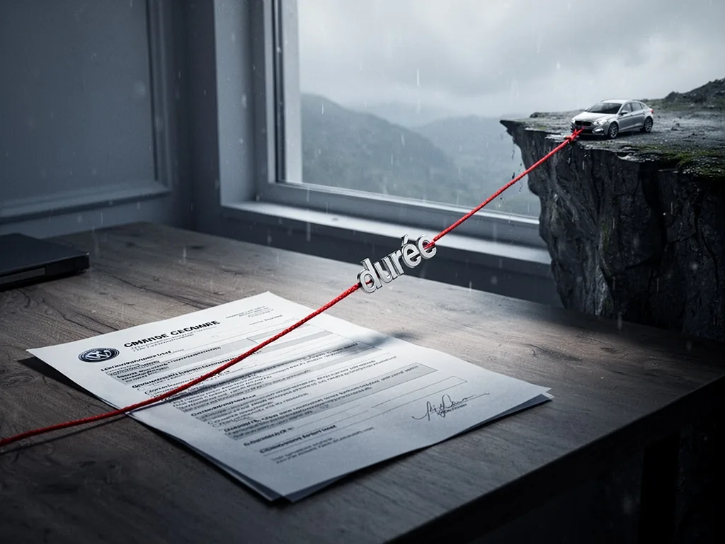 A car loan contract spread on a wooden desk, a long red string pulling the word 'durée' toward a cliff edge visible thro