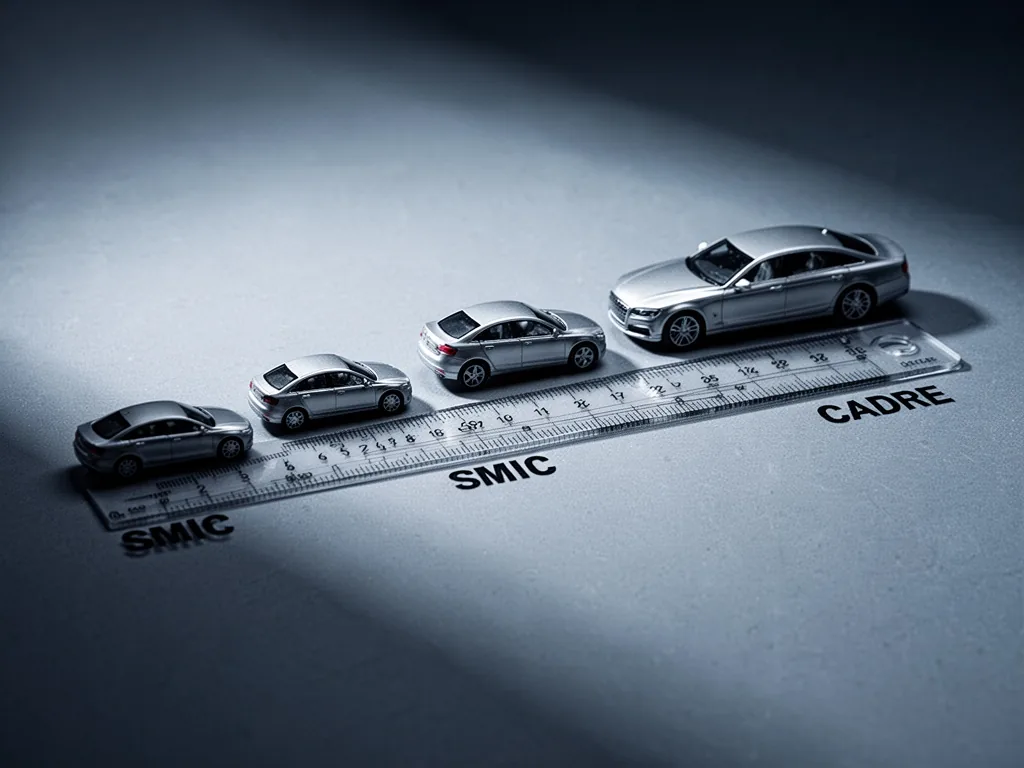 A graduated ruler measuring income levels from 'SMIC' to 'CADRE' with corresponding car silhouettes of increasing size, 