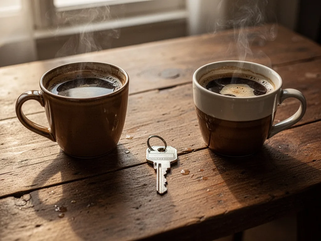 A wooden table with two cold coffee cups and a single house key centered between them, soft afternoon light