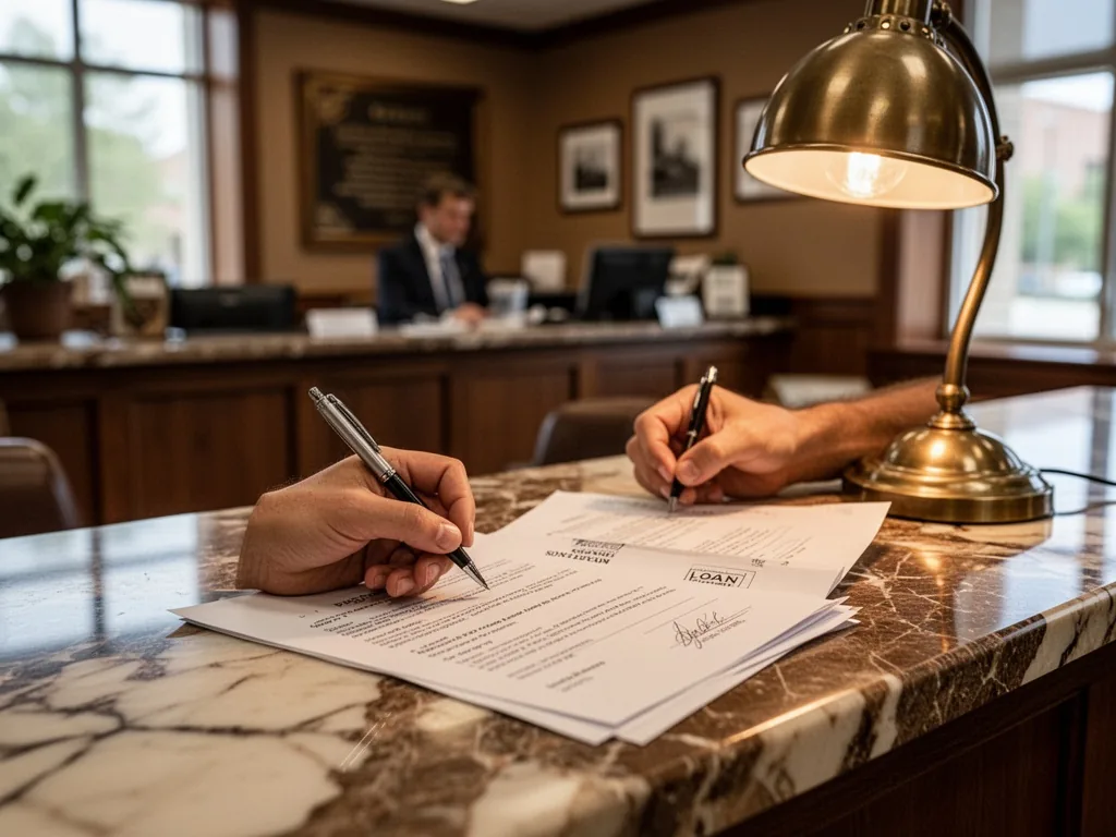A hand holding a pen signing a loan document on a marble counter, bank interior blurred behind, warm desk lamp