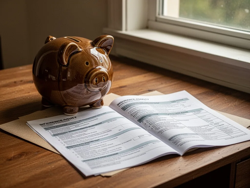 A brown ceramic piggy bank beside opened insurance policy papers on a wooden desk, natural light from a nearby window