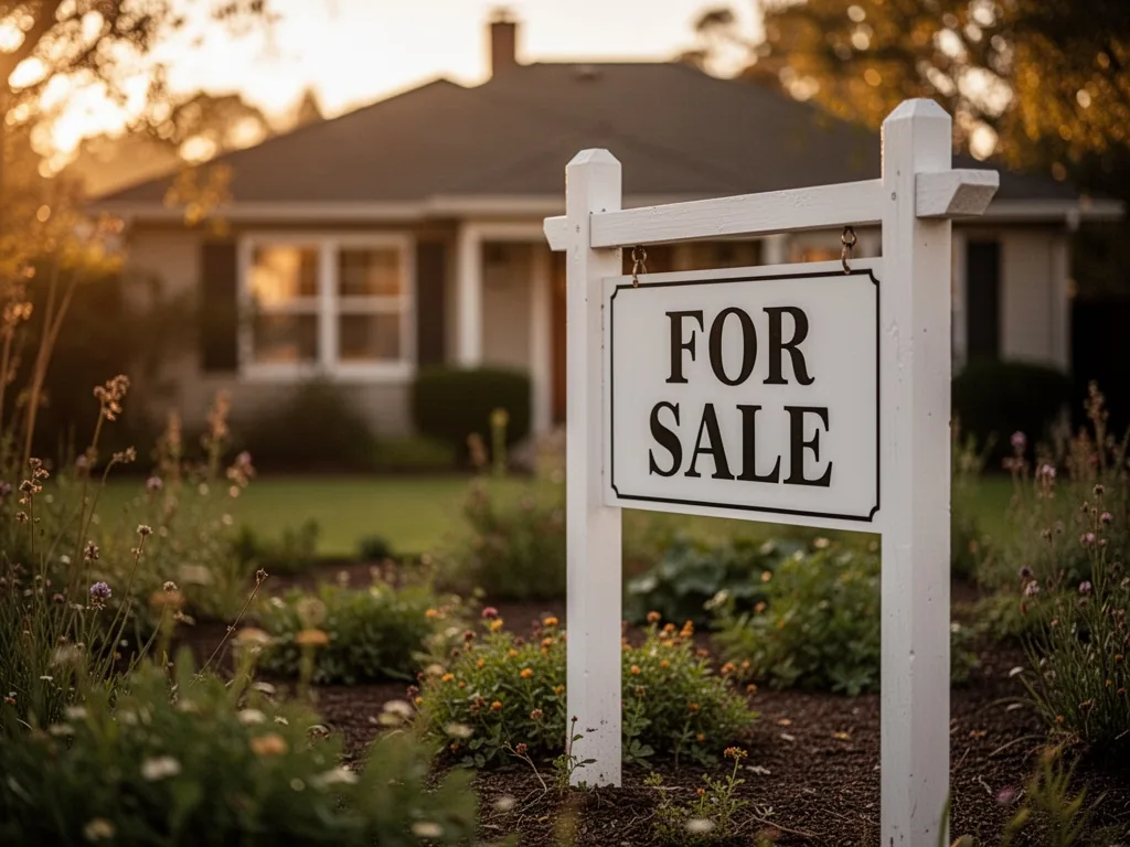 A white 'For Sale' sign planted in a garden with a blurred house in the background, golden hour sunlight