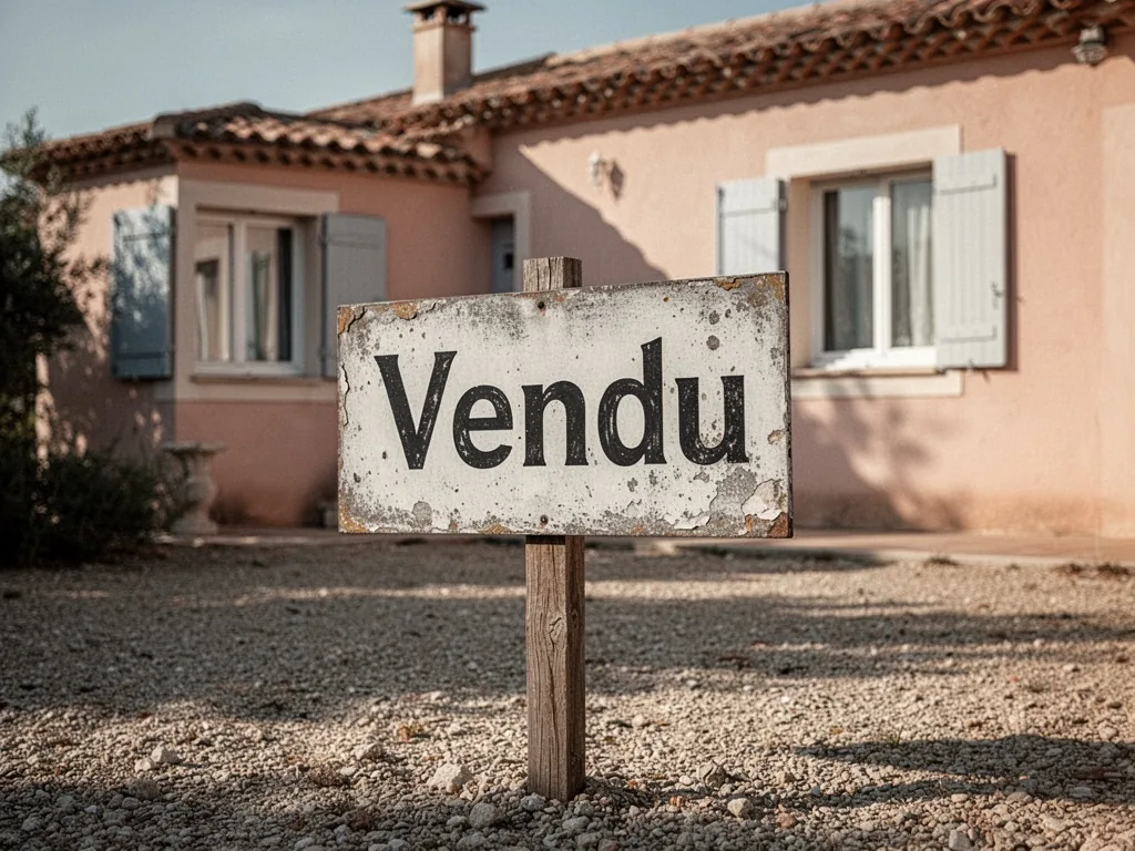 A weathered real estate sign reading "Vendu" planted in gravel outside a pastel Mediterranean villa, midday sun casting 