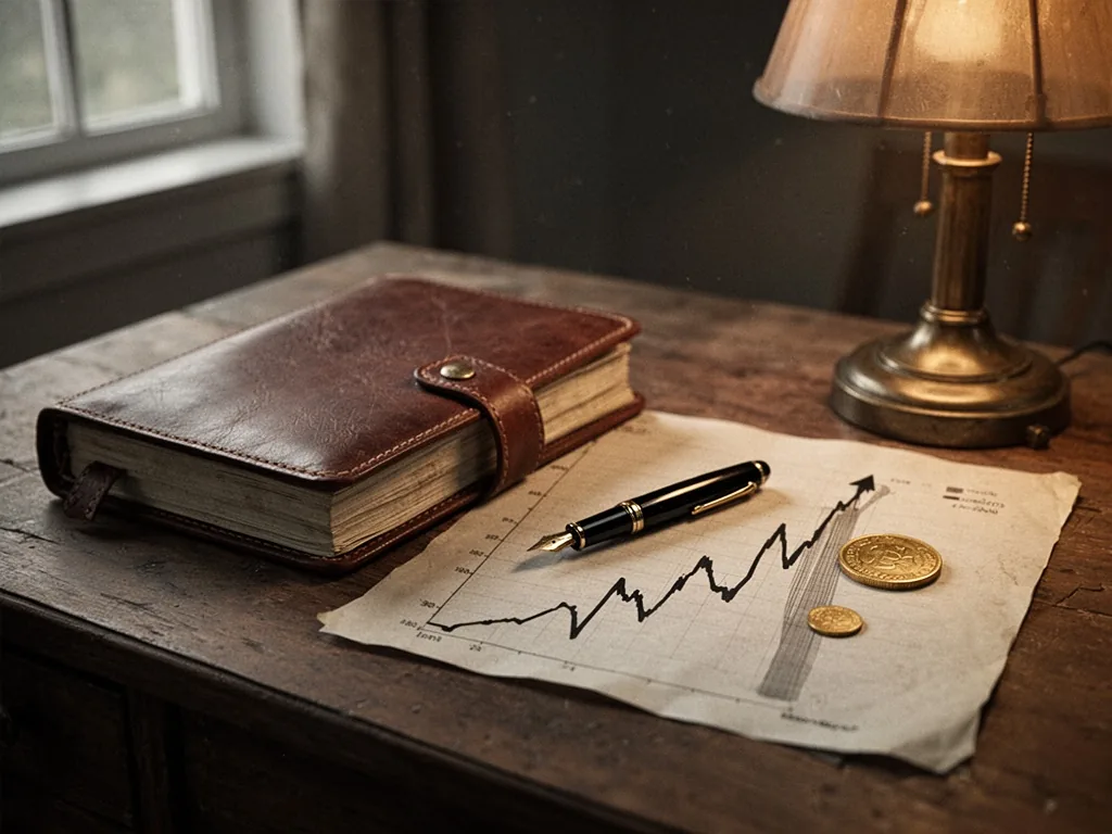 A wooden desk with a leather-bound ledger, a fountain pen, and a single gold coin beside a slowly rising ink line graph,