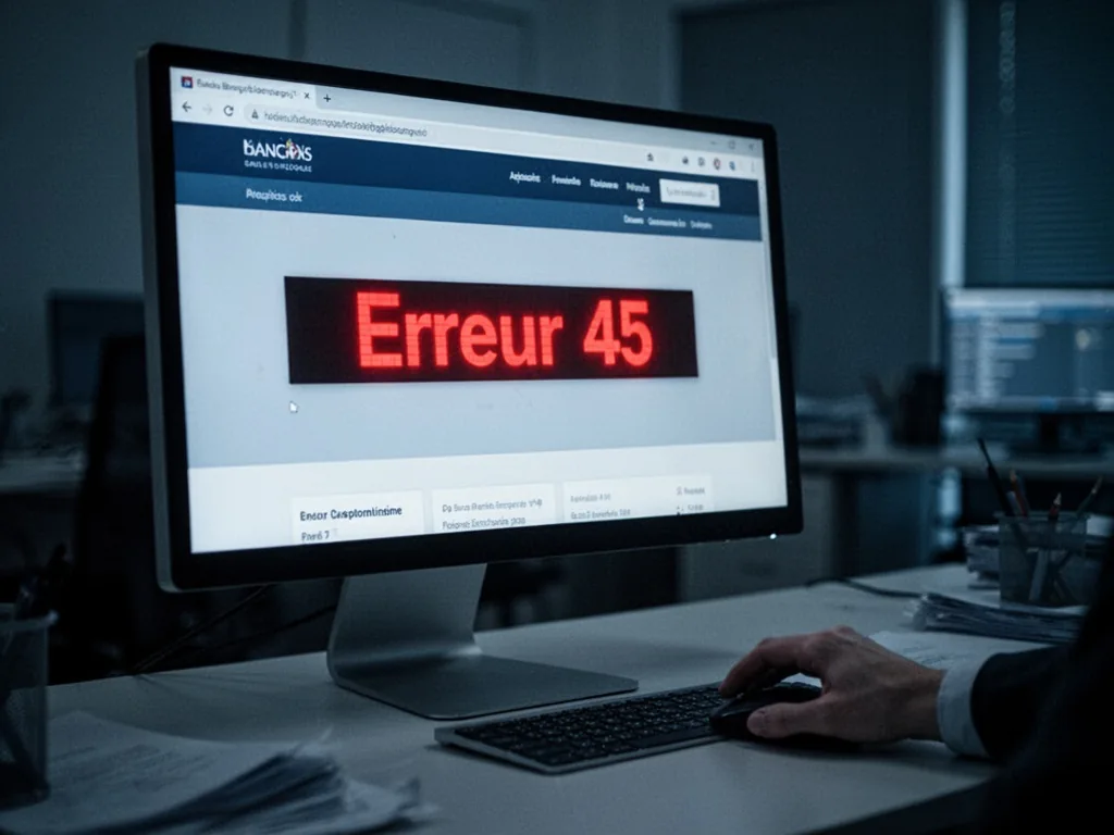 A computer monitor displaying red error code 'Erreur 45' on a banking site, a hand hovering over the mouse, dark office