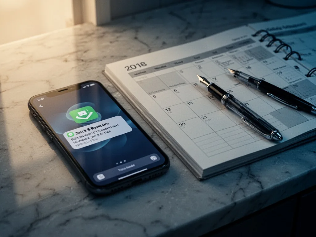 A smartphone with a banking app reminder notification beside an open paper calendar and a fountain pen on a marble count