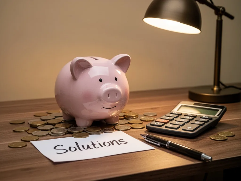 A piggy bank with coins scattered around it, a handwritten note reading Solutions, a calculator and a pen on a wooden de