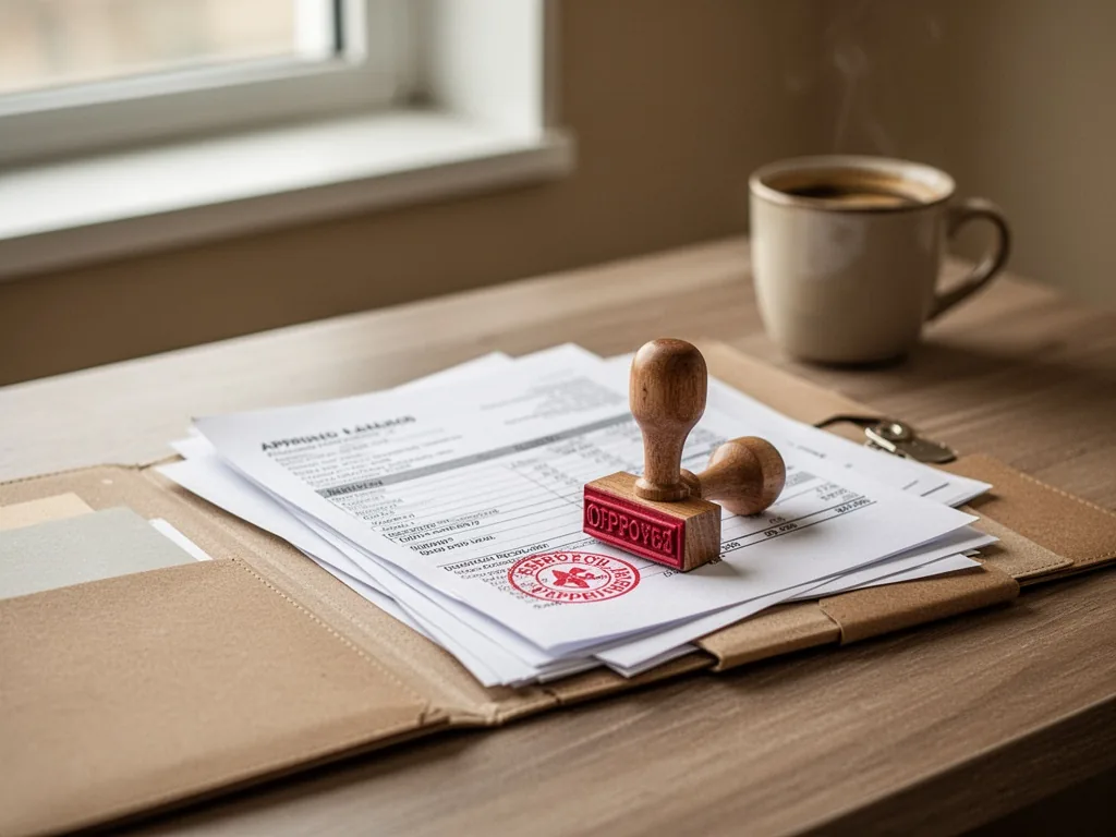 An open folder with financial papers and a red approval stamp on a wooden desk, a coffee cup in soft background, natural