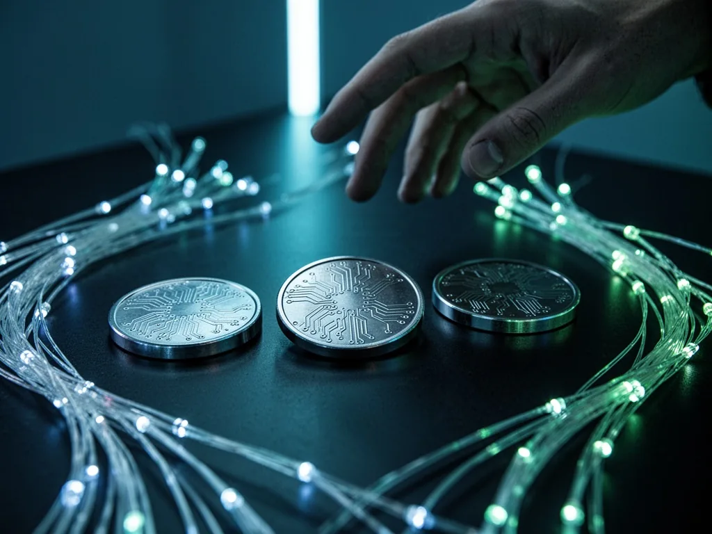 Three metallic tokens with engraved circuit patterns on a dark reflective table, soft blue and green neon light, fiber o