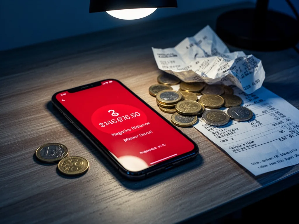 A smartphone screen displaying a red negative balance warning, lying on a wooden desk next to scattered euro coins and a