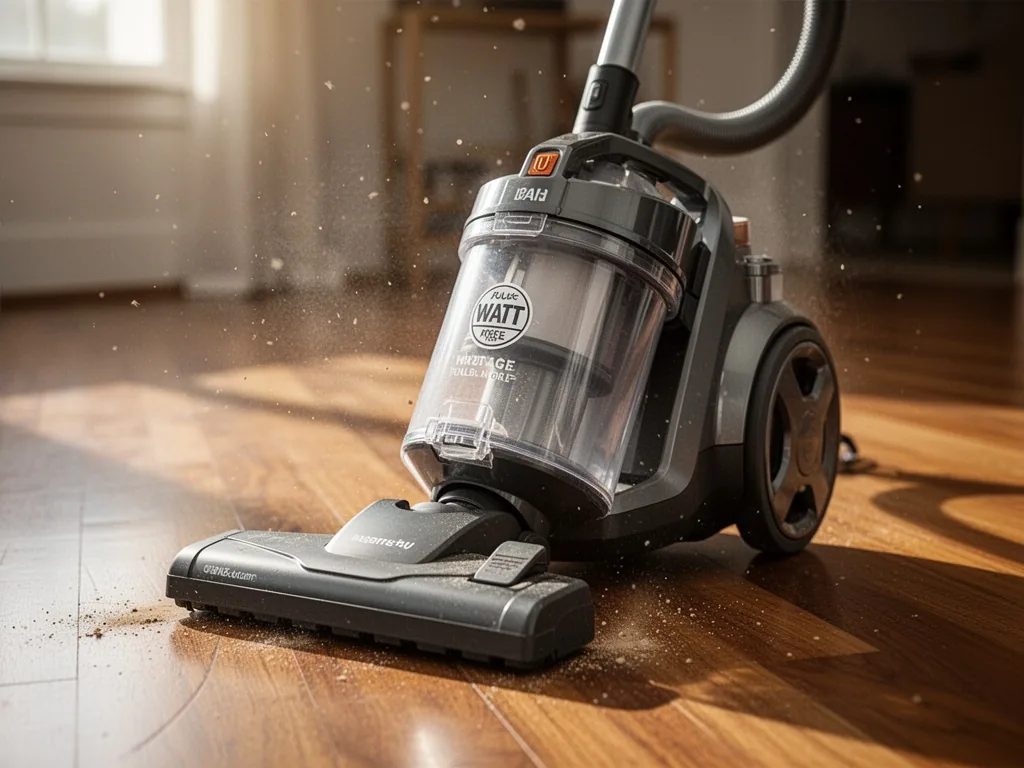 A vacuum cleaner with a prominent wattage label and a full transparent dust bag, placed on a polished wooden floor, soft