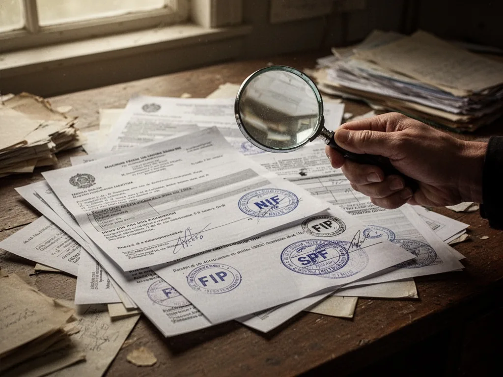 A cluttered wooden desk with overlapping official documents, each stamped with acronyms FIP, NIF, SPF, a hand holding a 