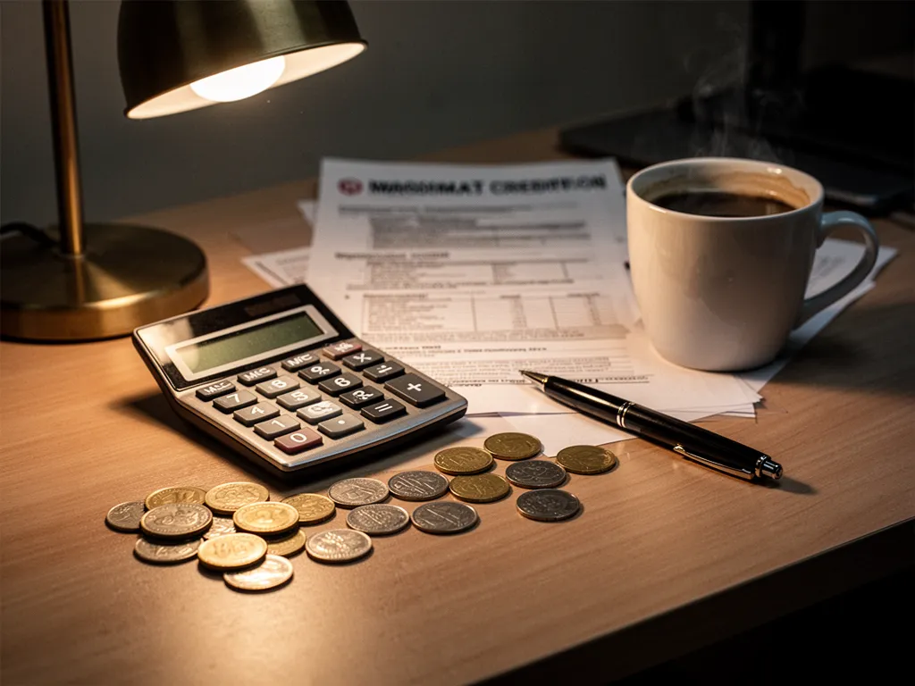 Documents de prêt, calculatrice et stylo posés sur une table de bureau