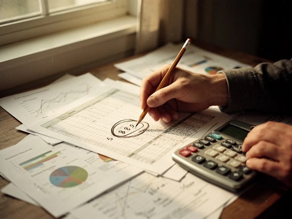 A person's hand holding a pencil, circling a number on a spreadsheet with a calculator nearby, papers with charts and no