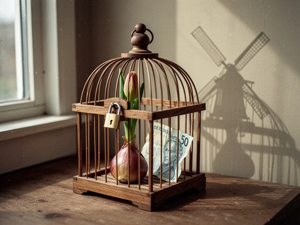 A small wooden birdcage with a padlock, inside a single tulip bulb and a crumpled Dutch guilder note, shadow of a windmi
