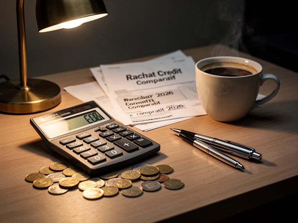 Personne assise à une table avec calculatrice, relevés de prêts, ordinateur affichant des offres bancaires et carnet de notes