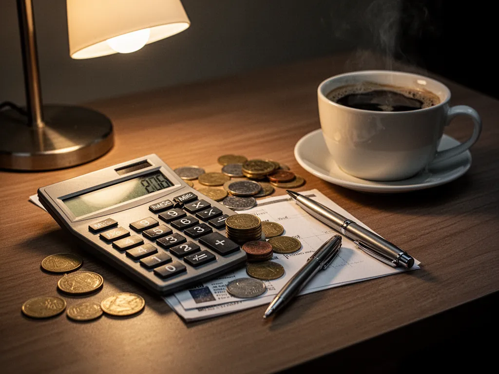 Personne assise à une table, relisant des documents bancaires et des échéanciers de prêts avec une calculatrice