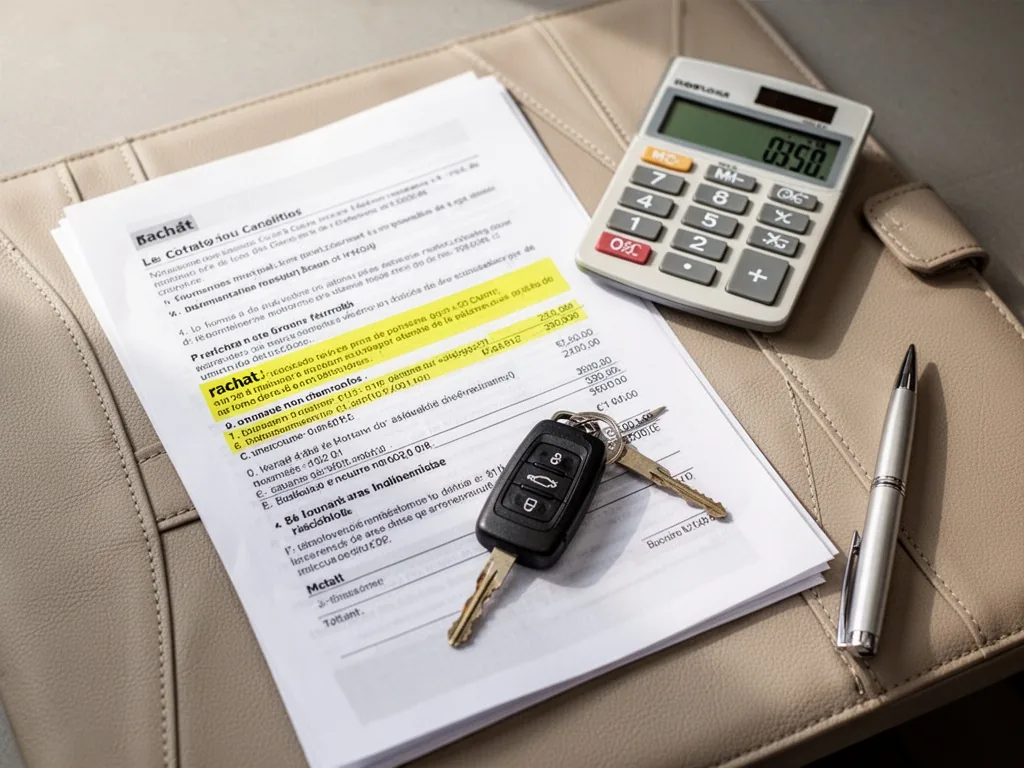 A financial contract with a highlighted 'rachat' clause, a calculator displaying a lower total cost, a car key and a sil
