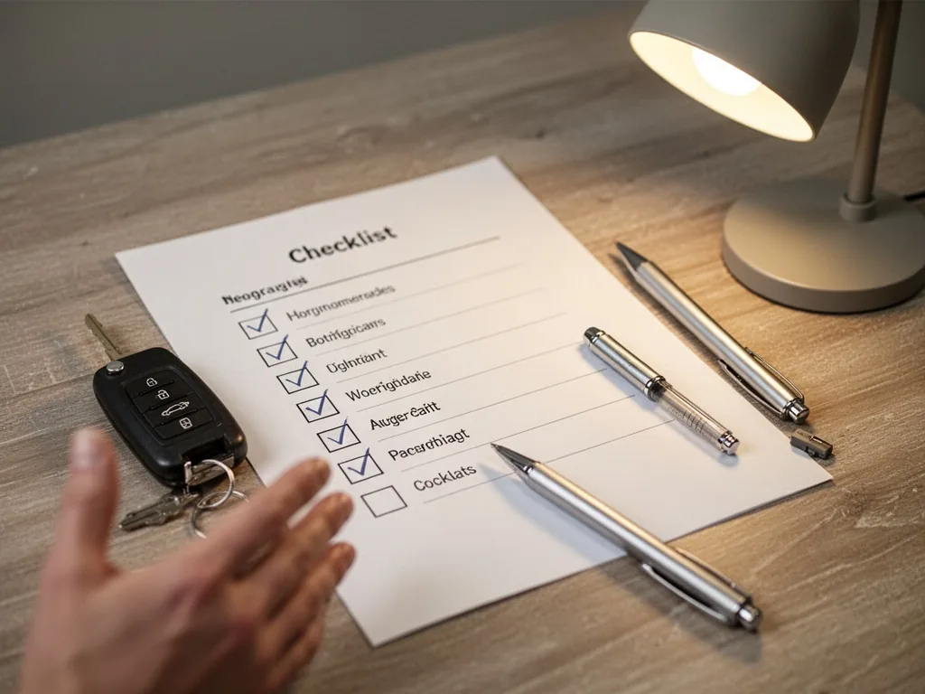 A paper checklist with several ticked boxes, a car key and a silver pen on a wooden table, a blurred hand approaching th