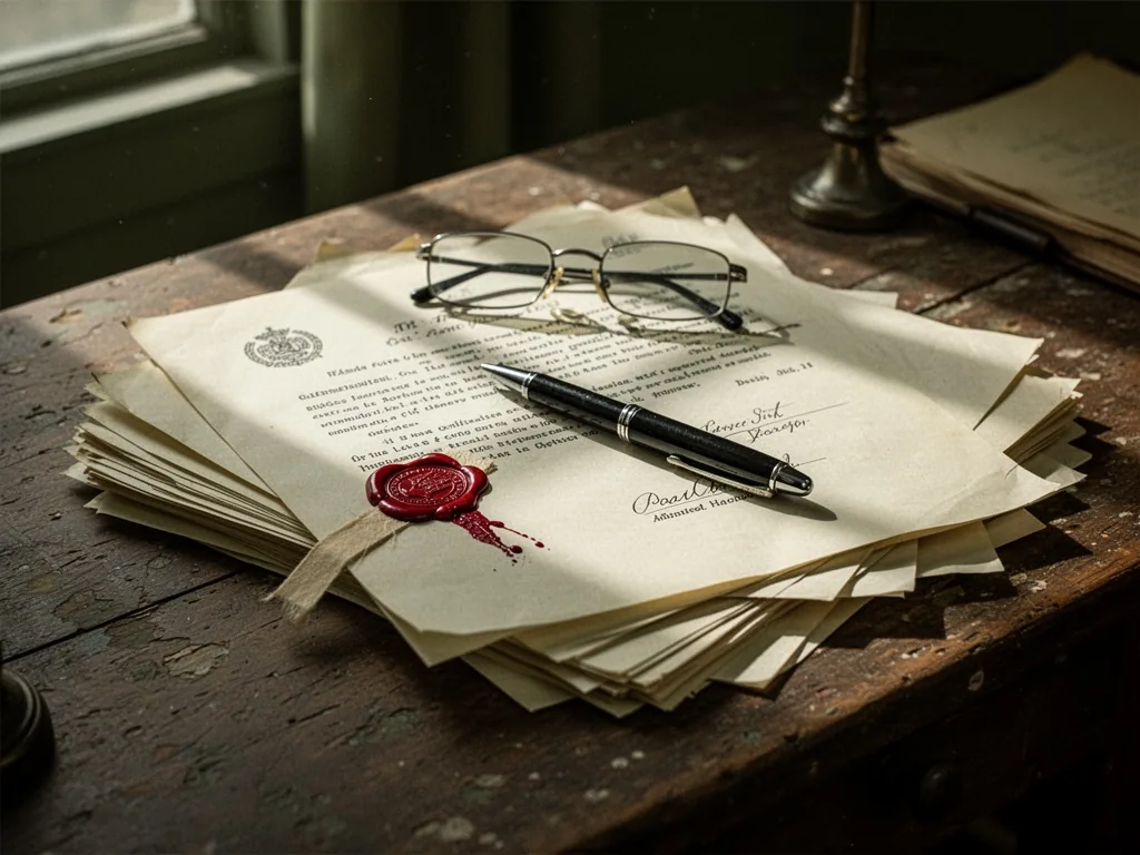 A stack of official documents with a red wax seal and an ink pen lying across them, on a worn wooden desk, filtered dayl