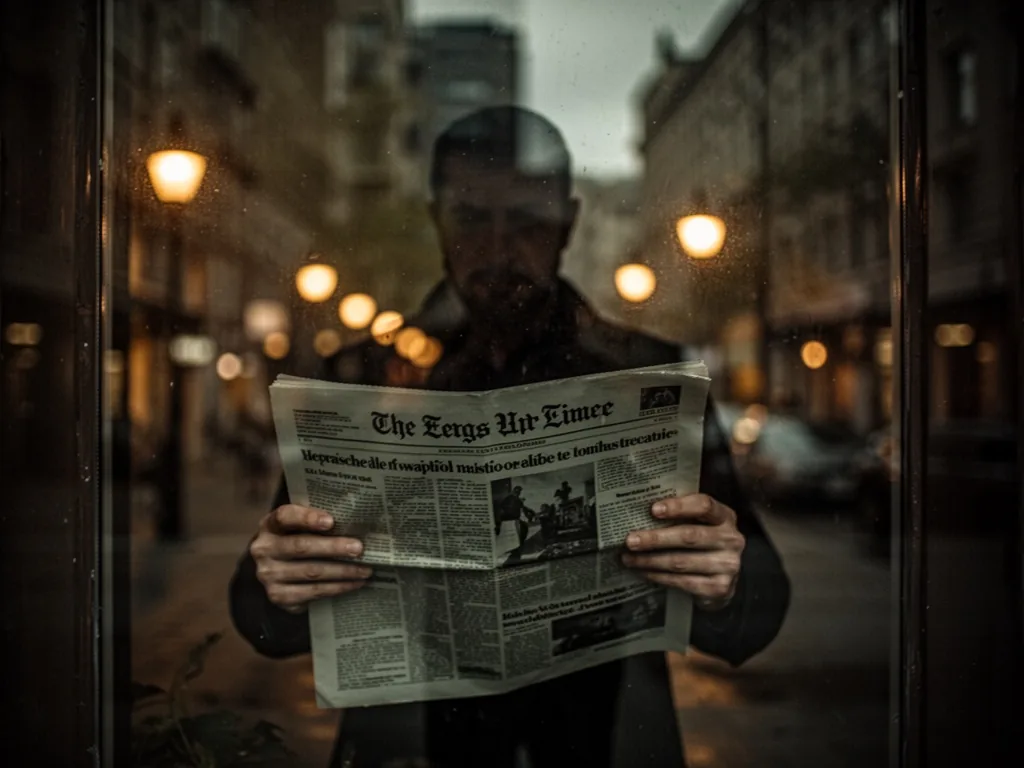 A blurred silhouette of a person holding a newspaper, their hands visible, reflected in a dark window pane with street l