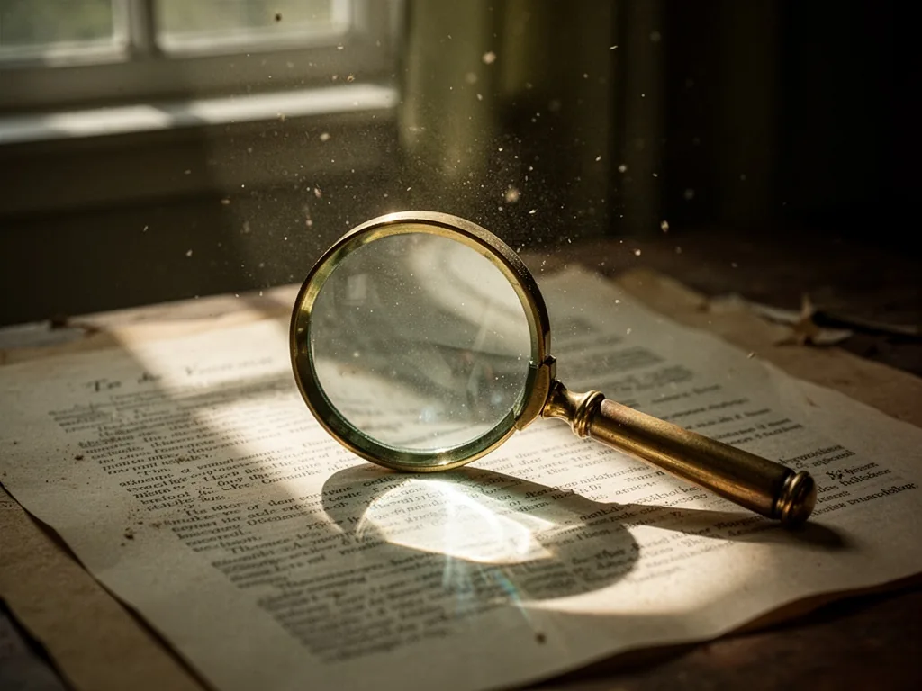 A magnifying glass with a brass handle resting on a document, a beam of sunlight creating a hotspot on the text, dust mo