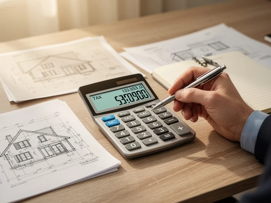 A hand with a pen pointing at a calculator screen showing a tax amount, on a wooden desk next to a house blueprint and a