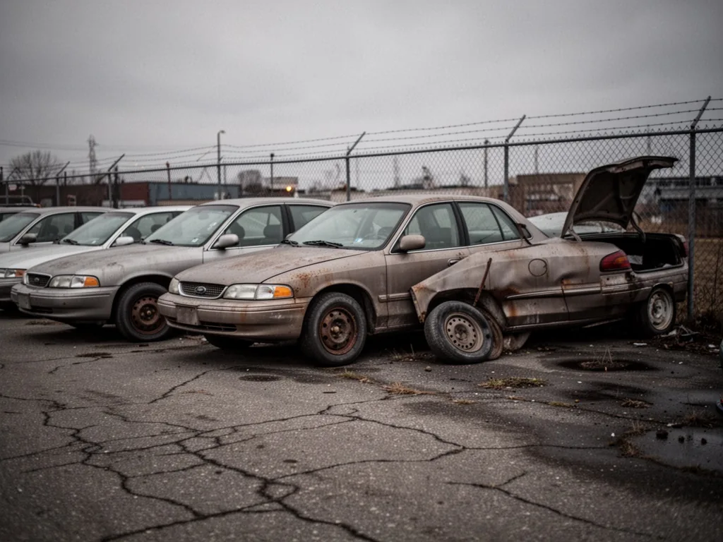 A row of three dusty sedans with faded paint, missing hubcaps, one flat tire, trunk slightly open, parked on cracked asp