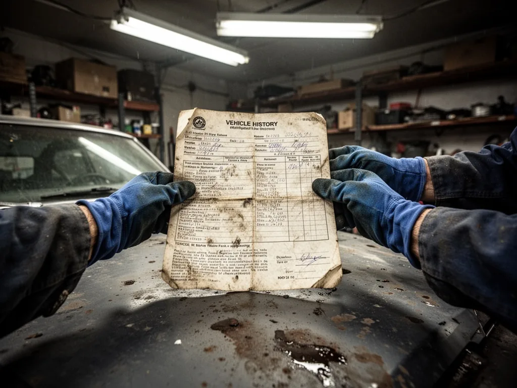 A pair of hands in blue mechanic gloves holding a weather-beaten vehicle history document on a greasy car hood, under ha